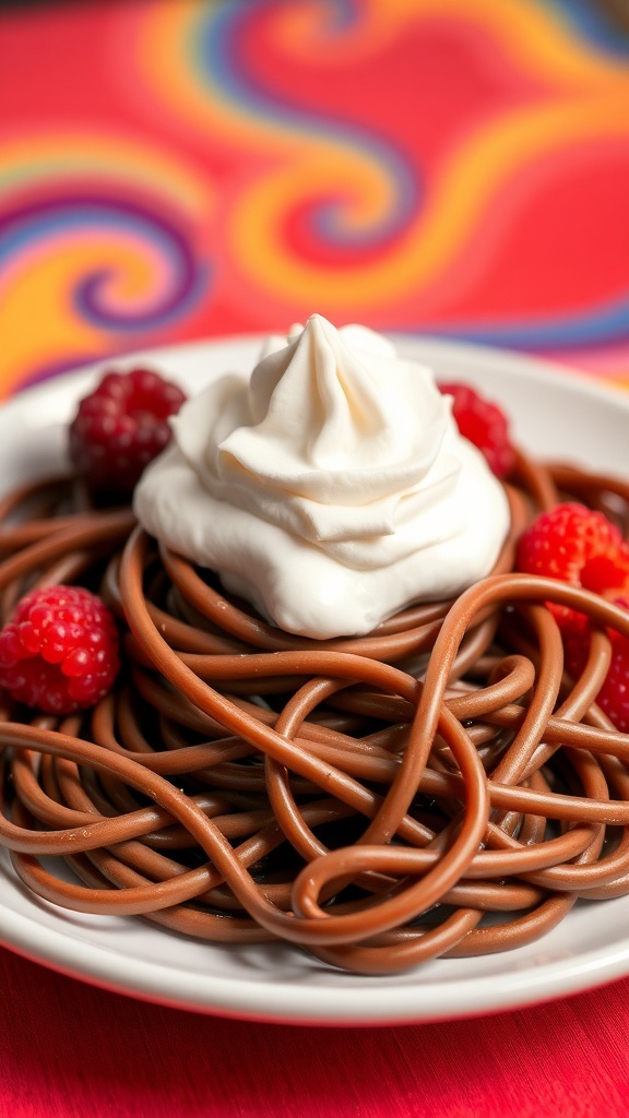 Chocolate Noodles Inspired by Willy Wonka A plate of chocolate noodles topped with whipped cream and berries, inspired by Willy Wonka.